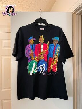 Jerzees Black Short-Sleeve Tee with Multicolor Jazz Band Graphic